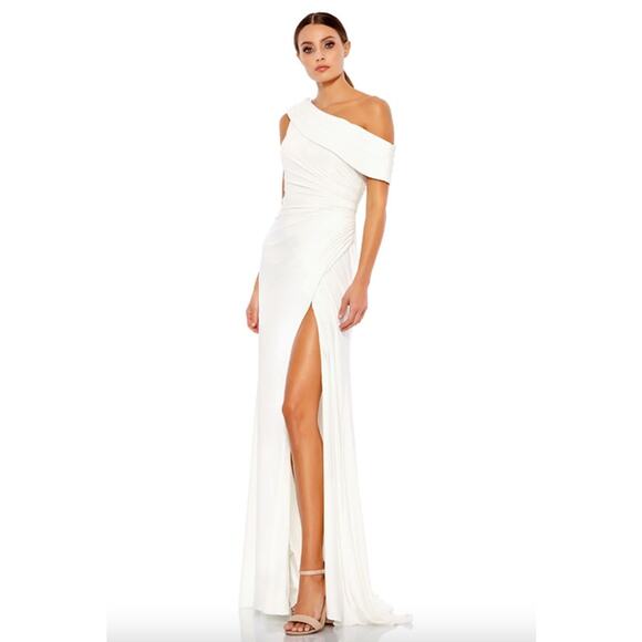 MAC DUGGAL Dress Size 6 Evening Gown White NEW Foldover Column Slit Stretch Flaw - Picture 1 of 9